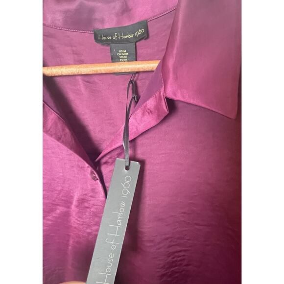 NWT House of Harlow Women’s Sz Medium Pink Button Front Satin Boxy Shirt - Picture 9 of 9